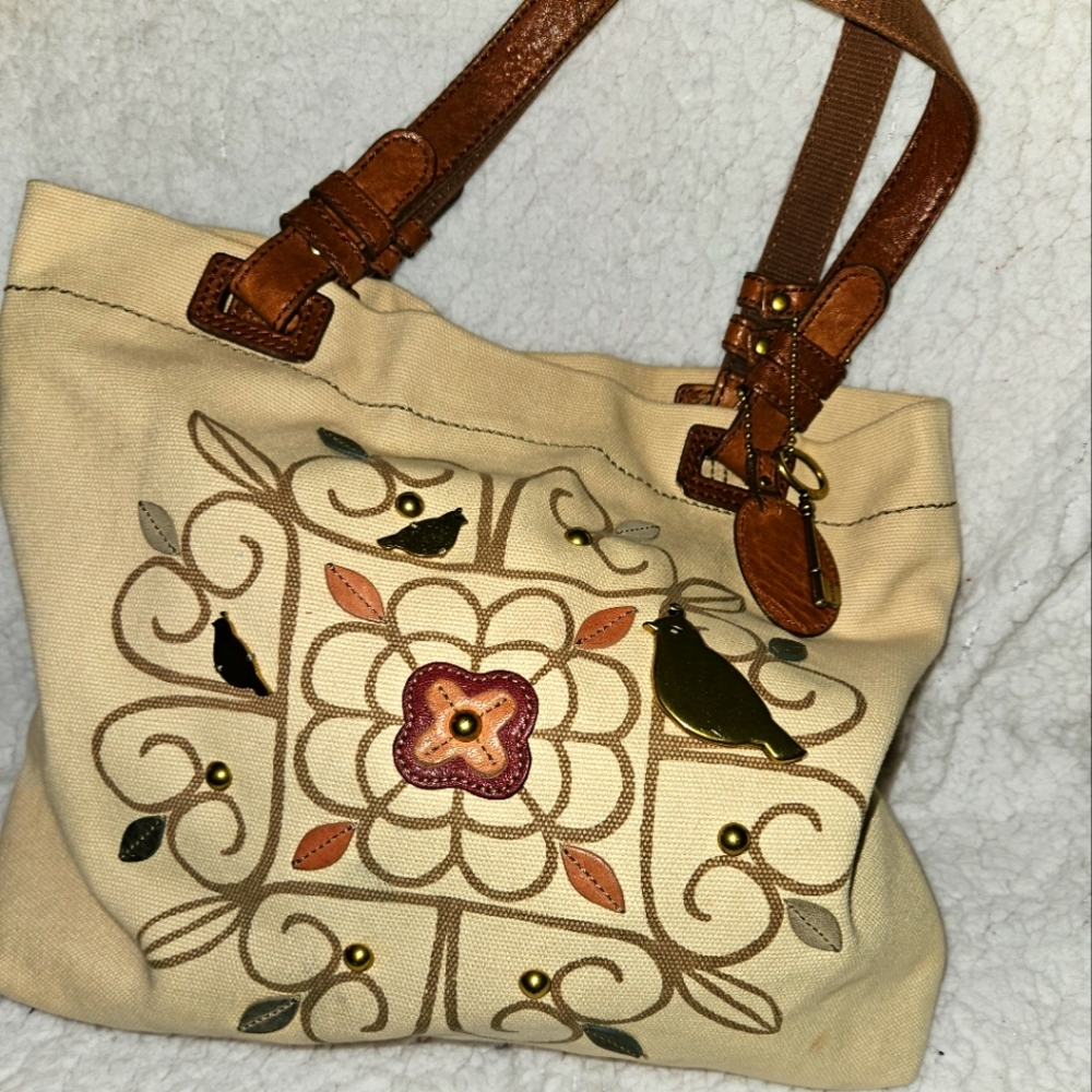 Fossil Tote and Matching Makeup Bag Canvas/Leather Brass